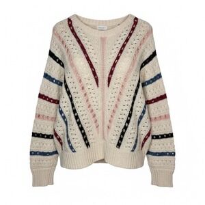 Vestique Boutique Cream Pointelle Striped Knit V Neck Sweater Women Size Large